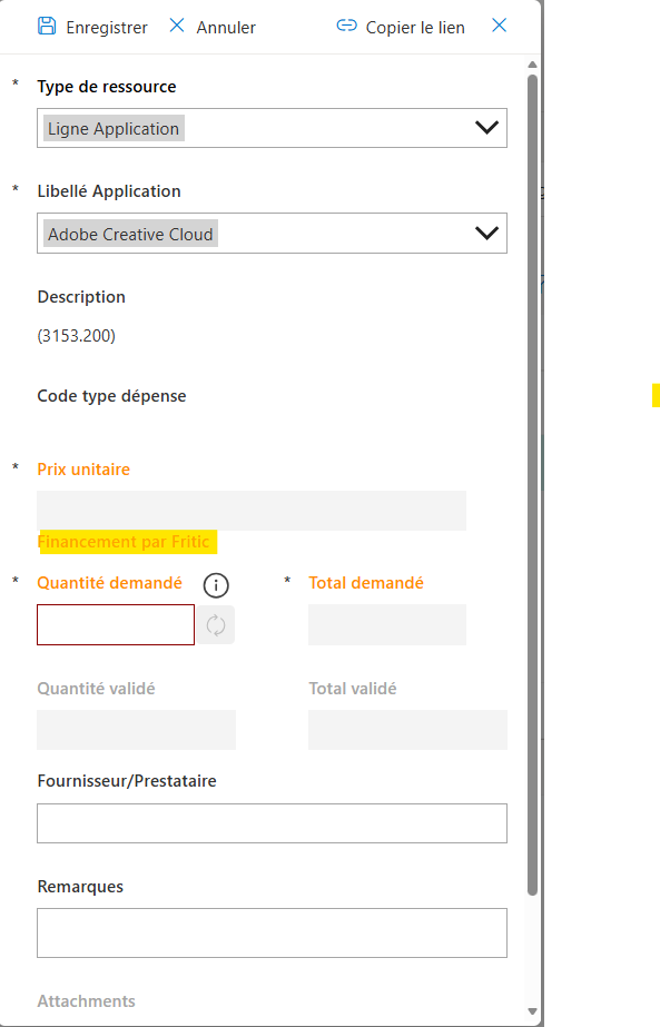 Fenêtre de saisie avec la mention Financement par Fritic
